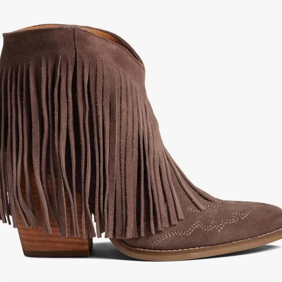 Tassel Western Booties Chunky Ankle Block Heel Suede Cowboy Fringe Pointed toe - Picture 2 of 3